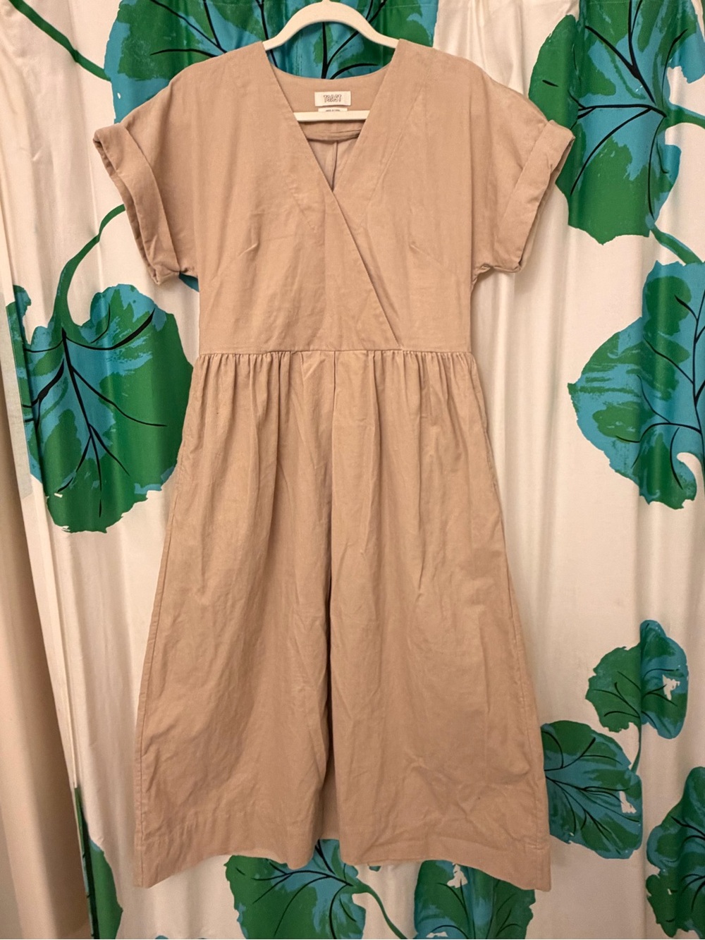 Neutral Beige V-Neck Midi Dress with Gathered Waist